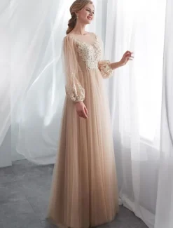 Champagne robes de bal à manches longues en dentelle tulle une ligne longueur au sol robe formelle robes d'invité de mariage