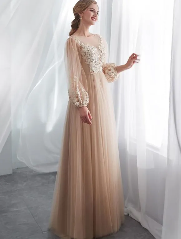 Champagne robes de bal à manches longues en dentelle tulle une ligne longueur au sol robe formelle robes d'invité de mariage