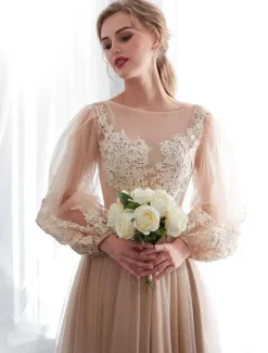 Champagne robes de bal à manches longues en dentelle tulle une ligne longueur au sol robe formelle robes d'invité de mariage