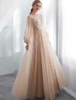 Champagne robes de bal à manches longues en dentelle tulle une ligne longueur au sol robe formelle robes d'invité de mariage