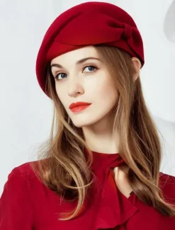 Chapeau de laine rétro béret femmes chapeau bourgogne arcs vintage coiffes Déguisements Halloween