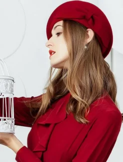 Chapeau de laine rétro béret femmes chapeau bourgogne arcs vintage coiffes Déguisements Halloween