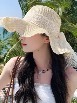 Chapeau de paille à larges bords avec n艙ud en dentelle chapeau de plage respirant pour l'été protection solaire 2026