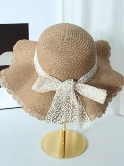 Chapeau de paille à larges bords avec n艙ud en dentelle chapeau de plage respirant pour l'été protection solaire 2026
