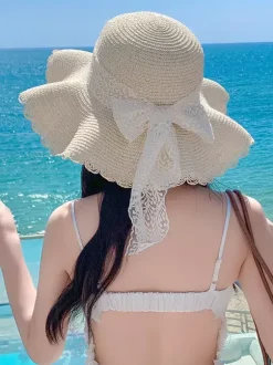 Chapeau de paille à larges bords avec n艙ud en dentelle chapeau de plage respirant pour l'été protection solaire 2026