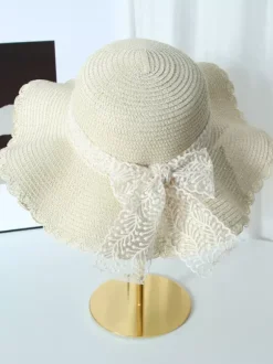 Chapeau de paille à larges bords avec n艙ud en dentelle chapeau de plage respirant pour l'été protection solaire 2026