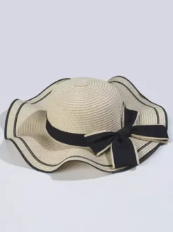 Chapeau de paille à n艙ud papillon et bord ondulé chapeau de soleil d'été pour femme 2026