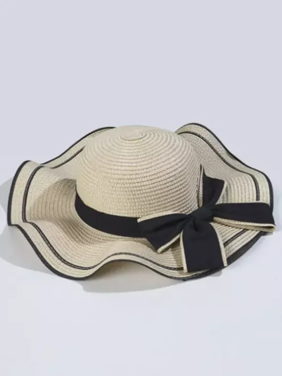 Chapeau de paille à n艙ud papillon et bord ondulé chapeau de soleil d'été pour femme 2026