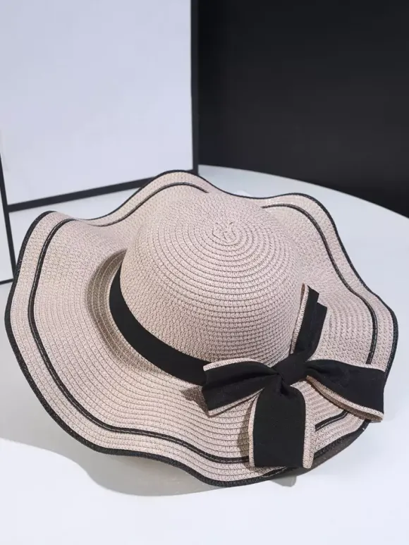 Chapeau de paille à n艙ud papillon et bord ondulé chapeau de soleil d'été pour femme 2026