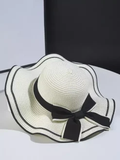 Chapeau de paille à n艙ud papillon et bord ondulé chapeau de soleil d'été pour femme 2026