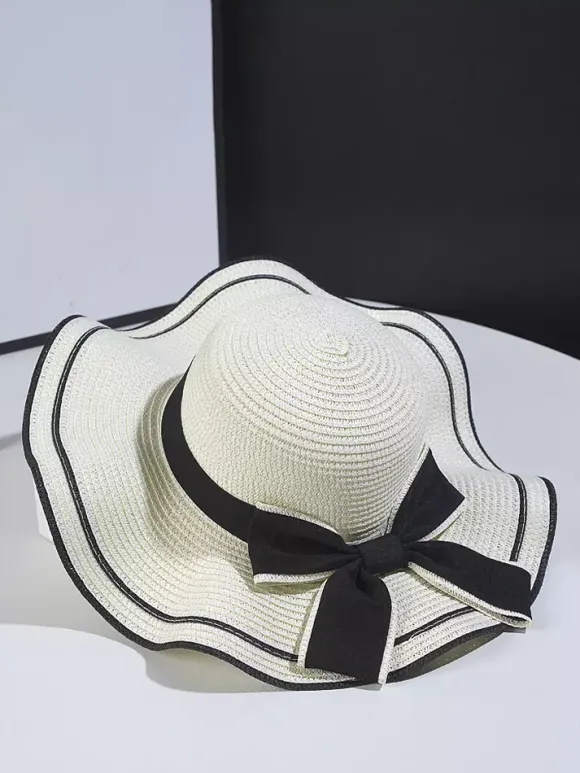 Chapeau de paille à n艙ud papillon et bord ondulé chapeau de soleil d'été pour femme 2026