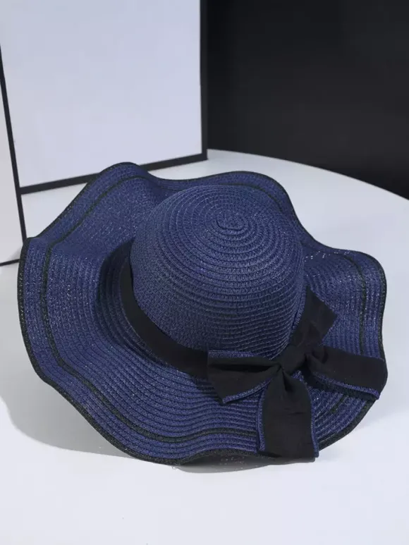 Chapeau de paille à n艙ud papillon et bord ondulé chapeau de soleil d'été pour femme 2026