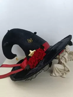 Chapeau gothique Lolita à volants et n艙uds en polyester noir Accessoires Lolita