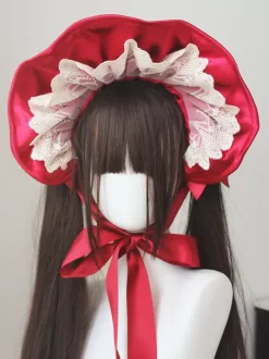 Chapeau gothique Lolita bordeaux à volants et n艙uds accessoire en polyester accessoires Lolita