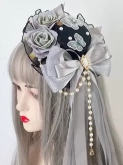 Chapeau Gothique Lolita Volants Noeuds Accessoire Polyester Noir Accessoires Lolita