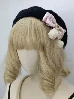 Chapeau Lolita de style ROCOCO pompons roses n艙uds accessoire bloc de couleurs polyester accessoires Lolita
