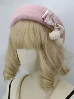 Chapeau Lolita de style ROCOCO pompons roses n艙uds accessoire bloc de couleurs polyester accessoires Lolita
