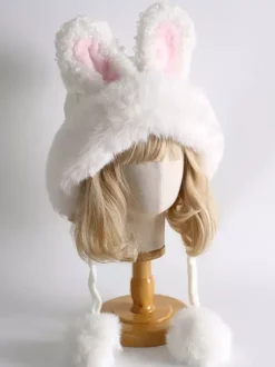 Chapeau Lolita doux avec oreilles de lapin blanc et pompons en peluche chaude accessoires Lolita