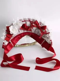 Chapeau Lolita doux Fleurs rouges N艙uds Accessoire en dentelle Accessoires Lolita en polyester