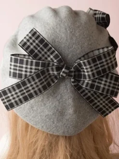 Chapeau Bowler Lolita Classique Lolita Beret Plaid Bow Wool Burgundy Déguisements Halloween