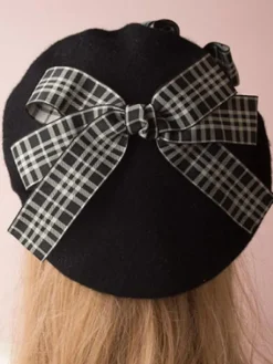 Chapeau Bowler Lolita Classique Lolita Beret Plaid Bow Wool Burgundy Déguisements Halloween
