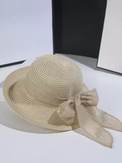 Chapeau de paille d'été avec n艙ud papillon chapeau de soleil pliable pour femme 2026