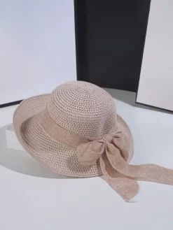 Chapeau de paille d'été avec n艙ud papillon chapeau de soleil pliable pour femme 2026