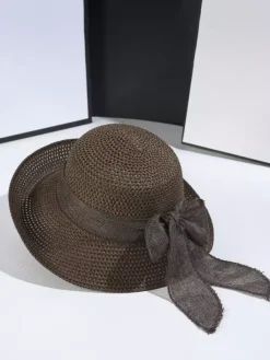 Chapeau de paille d'été avec n艙ud papillon chapeau de soleil pliable pour femme 2026