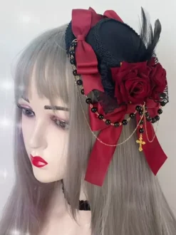 Chapeau Gothique Lolita Chaînes Perles Accessoire Polyester Bordeaux Accessoires Lolita