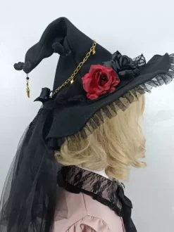Chapeau gothique Lolita Fleurs noires Volants Chaînes Accessoire Polyester Lolita Accessoires