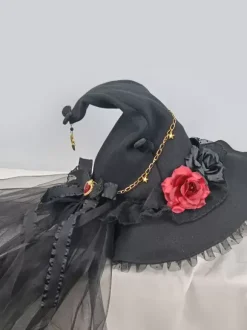 Chapeau gothique Lolita Fleurs noires Volants Chaînes Accessoire Polyester Lolita Accessoires