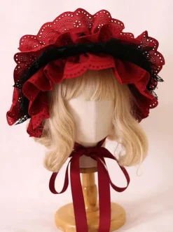Chapeau Lolita Classique Accessoire Fleurs Bordeaux Dentelle Polyester Accessoires Lolita