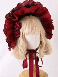Chapeau Lolita Classique Accessoire Fleurs Bordeaux Dentelle Polyester Accessoires Lolita