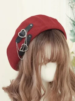 Chapeau Lolita Doux Chaînes Accessoire Motif Coeurs Chapeau Lolita Noir En Polyester
