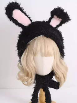 Chapeau Sweet Lolita avec oreilles de lapin roses et peluche chaude