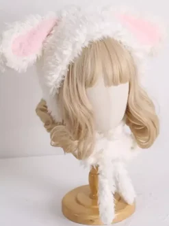 Chapeau Sweet Lolita avec oreilles de lapin roses et peluche chaude