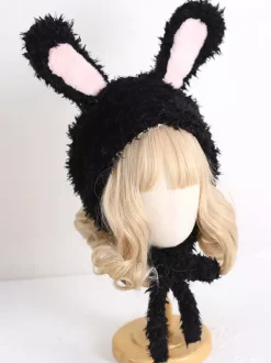 Chapeau Sweet Lolita avec oreilles de lapin roses et peluche chaude