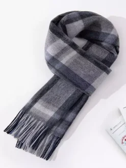 Écharpe 100% laine pour homme motif à carreaux classiques avec pompons