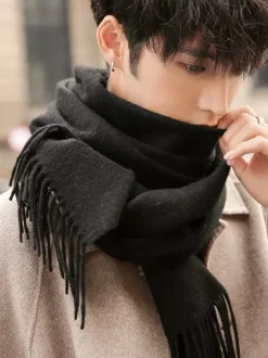 Écharpe d'hiver pour homme en pure laine cache-cou avec pompons