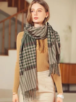 Écharpe Pour Femme Charmante Frange À Carreaux Hiver Chaud Longues Écharpes