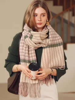 Écharpe Pour Femme Charmante Frange À Carreaux Hiver Chaud Longues Écharpes