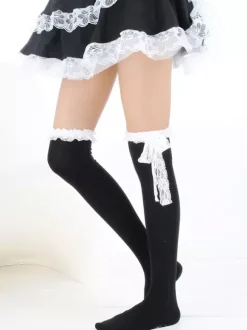 Chaussettes Lolita noires tricotées avec n艙uds blancs Déguisements Halloween