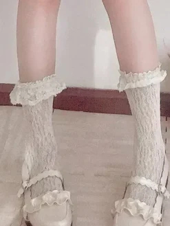 Chaussettes Blanches Noirs Mignonne Lolita Lacet Collants Lolita Blanc Déguisements Halloween