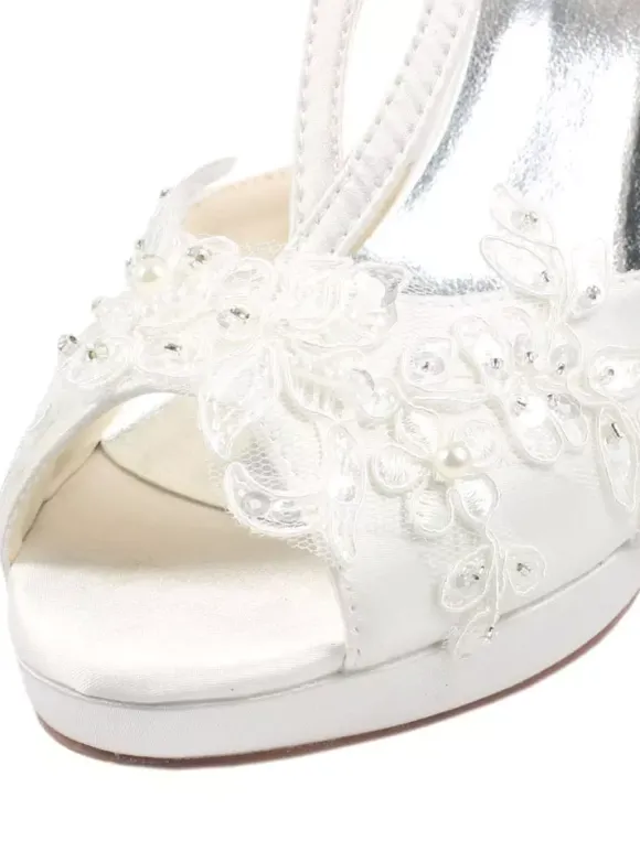 chaussure de mariée en fausse soie ivoire à talons aigus avec dentelle escarpins type-T bout ouvert