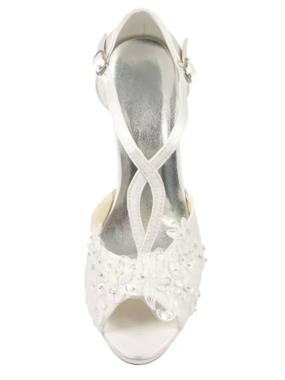 chaussure de mariée en fausse soie ivoire à talons aigus avec dentelle escarpins type-T bout ouvert
