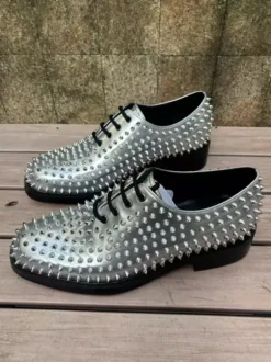 Chaussures de bal argentées à rivets bout rond lacets chaussures de soirée