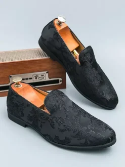 Chaussures de bal pour hommes bout rond en satin brodé à enfiler