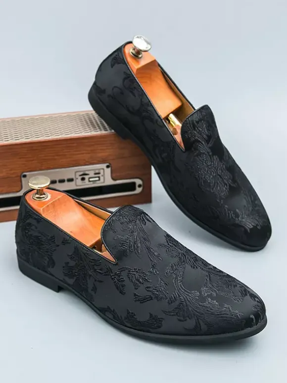 Chaussures de bal pour hommes bout rond en satin brodé à enfiler