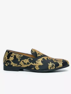 Chaussures de bal pour hommes bout rond en satin brodé à enfiler