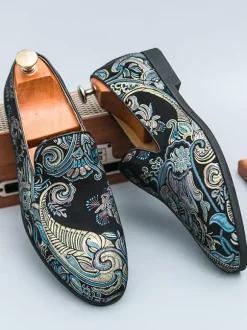 Chaussures de bal pour hommes bout rond en satin brodé à enfiler
